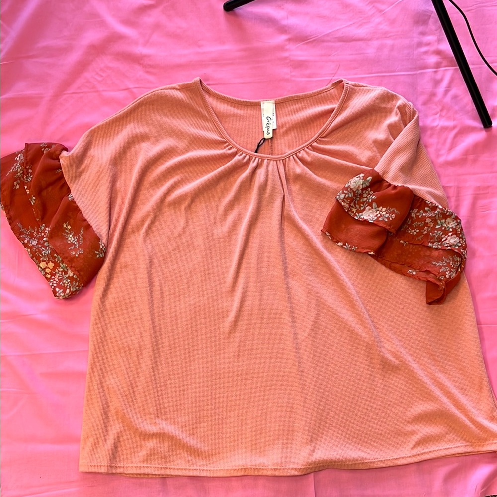 Elegant Coral Women's Top with Floral Sleeves